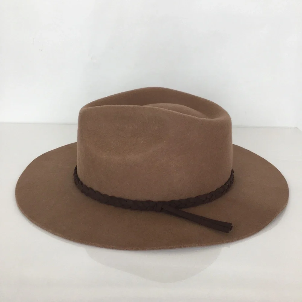 Banana Republic Boho Wool Felt Hat Tan Dark Brown Braided Leather Hat Band